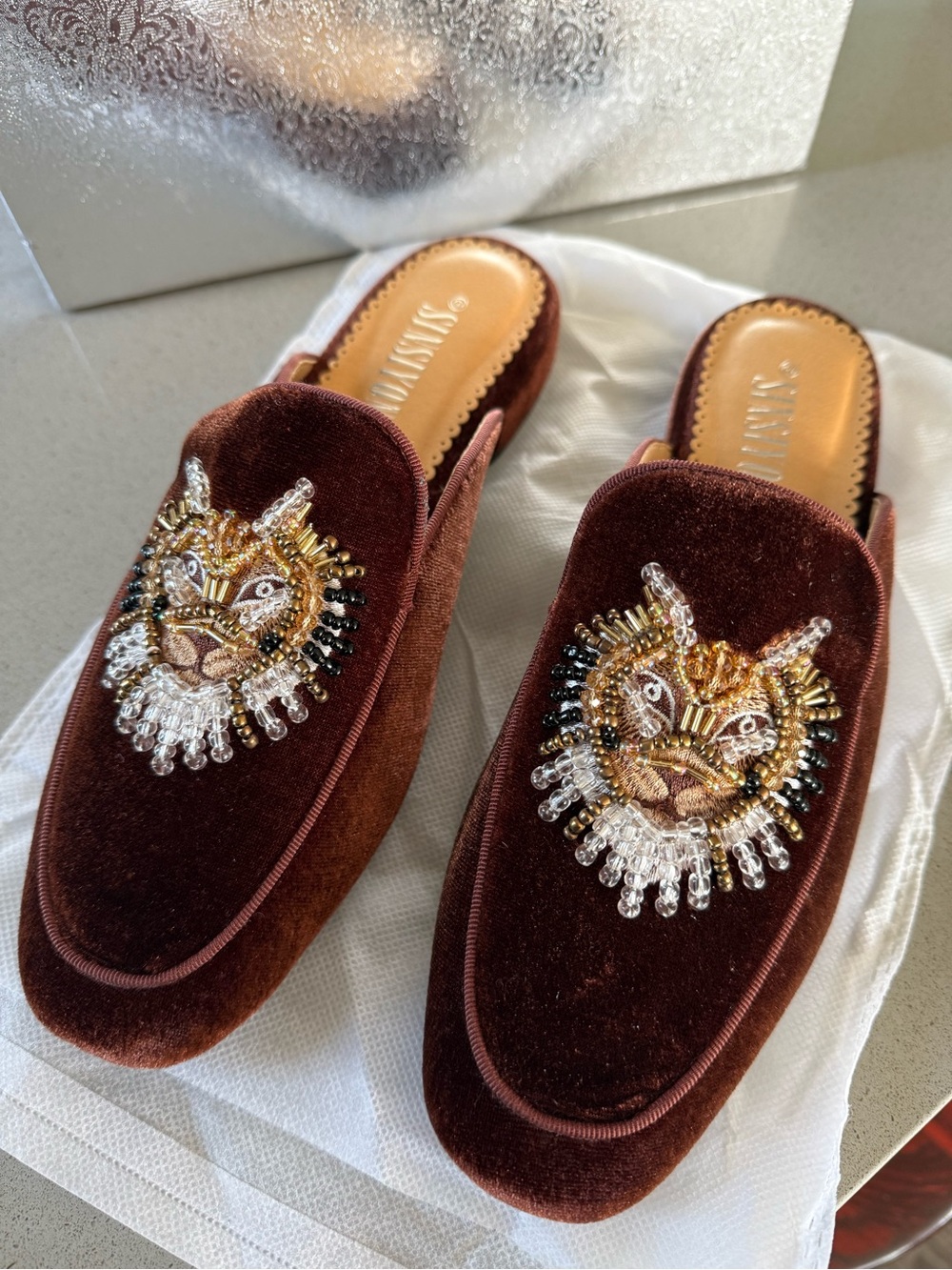 Embellished Velvet Backless Mules in Deep Brown